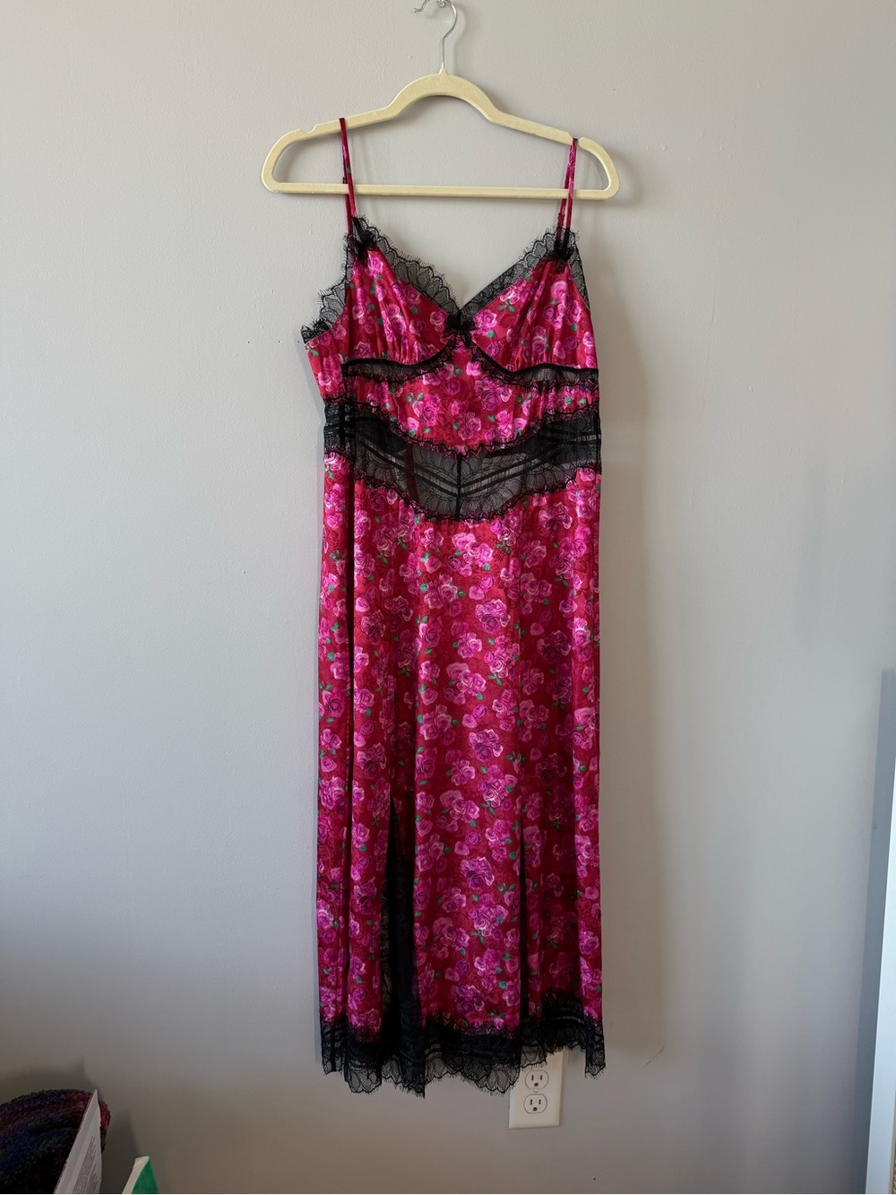 For Love & Lemons Red Pink Floral Satin Lace Trim Maxi Slip Dress